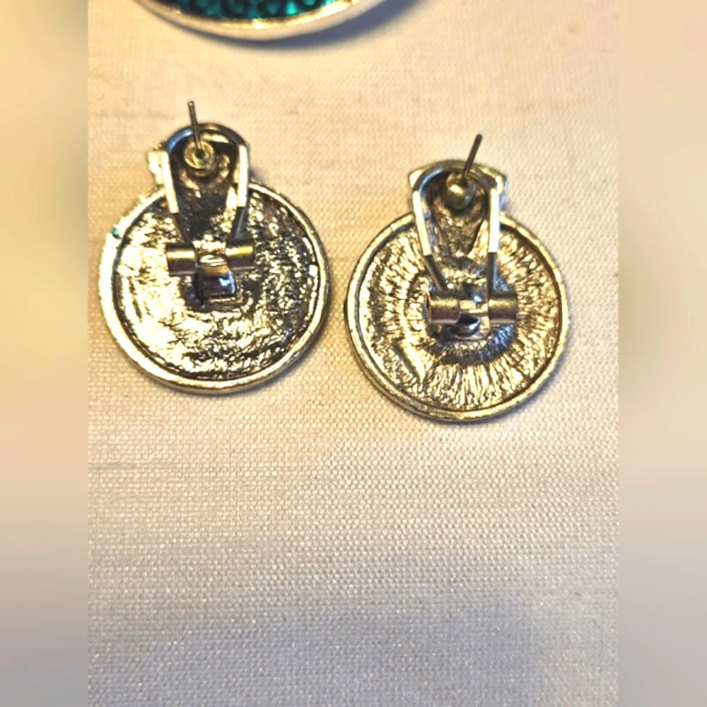 Vintage Silver Etched Blue Rhinestone Enamel Pendant Pierced Earrings Set